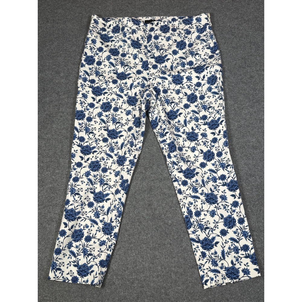 Talbots Chatham Ankle Pant 14P Blue White Floral Toile Side Zip Tapered Slit Hem